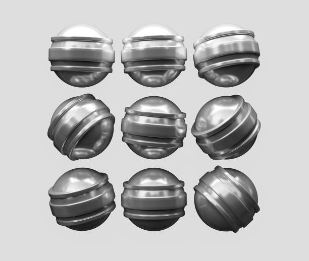 istock A grid of nine metallic spheres with grooves, arranged in three rows and columns, 3D Illustration. 2195329568