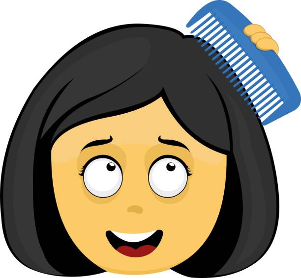 yellow emoticon head character woman cartoon comb hair vector illustration yellow emoji face character woman cartoon, combing her hair with a blue comb human hair comb combing cartoon stock illustrations