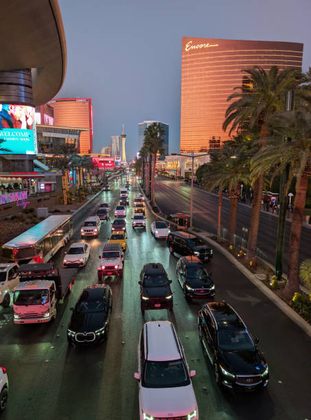 Las Vegas, Nevada - January 10, 2025: Cars on Las Vegas Boulevard, with the Encore hotel in the background