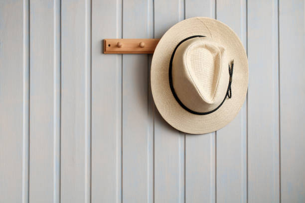 istock Straw hat hanging on wooden wall in a minimalist home interior 2195337907