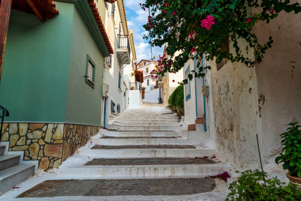 istock Charming Whitewashed Alley with Steps in Koroni 2195340286