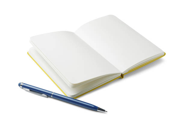 Open notebook with blank pages and pen isolated on white