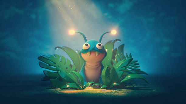 3d render cute alien creature hiding in the bushes in the jungle.