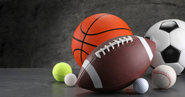 istock Many different sports balls on dark gray background, space for text. Banner design 2195351968