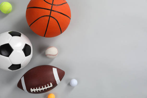 istock Many different sports balls on gray background, flat lay. Space for text 2195352018