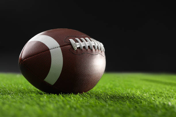istock Rugby ball on green grass against black background, space for text 2195352060