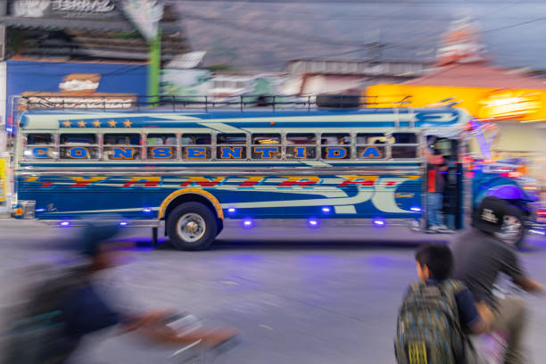 Panajachel, Solola, Guatemala. March 11, 2024. Motion blur of a bus in Guatemala.