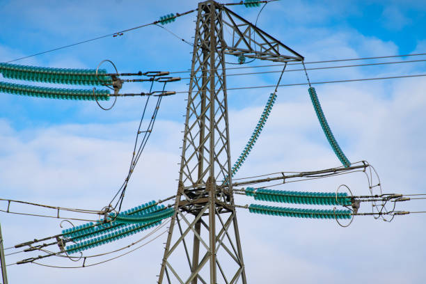Power line or high voltage pylon on sky background, Closeup (Voronezh region, Voronezh, Russia)