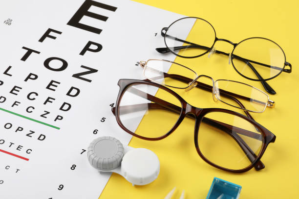 istock Vision test chart, glasses and lenses on yellow background, closeup 2195355541