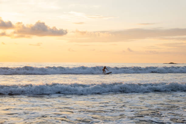 istock Surfer on Wave at Sunset Beach with Golden Horizon 2195368687