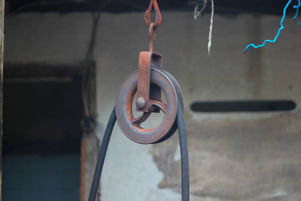 rusty well hoist pulley bokeh background