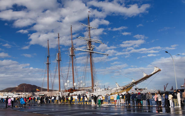 Las Palmas de Gran Canaria, Spain - January 22 2025: Spanish training ship Juan Sebastian de Elcano is moored at Naval Base and open for visits