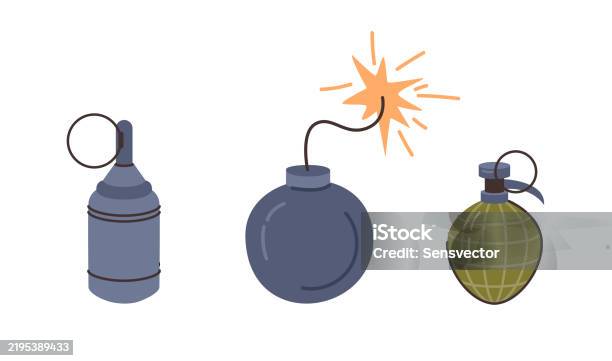 Exploding Wepons List Hand Grenade With Wick Bomb With Burning Fuse Ready To Explode Vector ...
