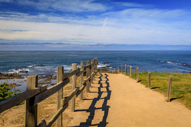 A sandy path with a wooden fence leads to a coastal overlook with ocean views and rock formations in Moss Beach, near San Francisco, Califronia