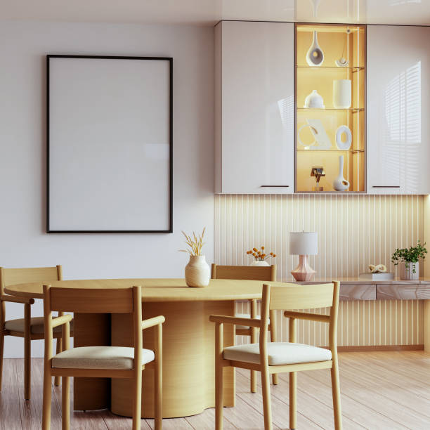 istock Mockup poster frame in dining room interior and accessories- 3D rendering 2195396927