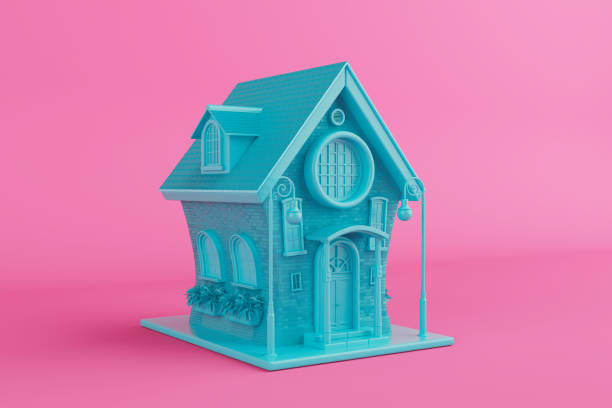istock Blue Cute Cartoon Stylized Brick House in Duotone Style. 3d Rendering 2195397391