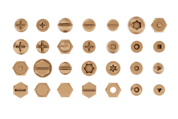 Set of Bronze Bolts and Screw Head on a white background. 3d Rendering