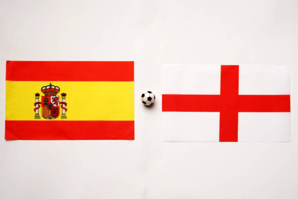 istock Spain vs England, Football match with national flags 2195400888