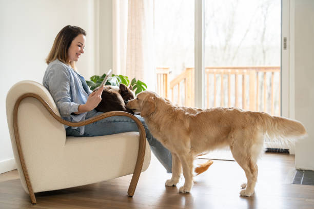 istock Woman holding her dog and using tablet 2195402481
