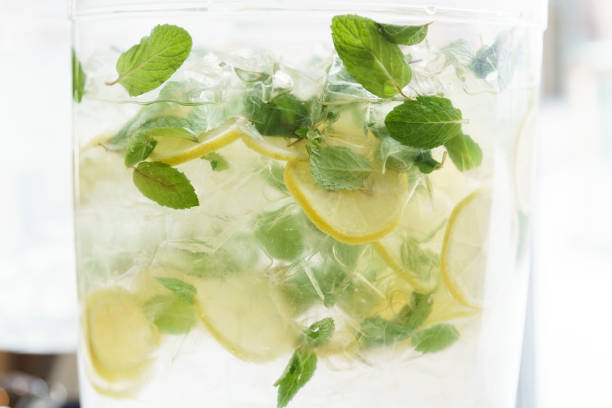 Refreshing Cold Lemon Mint Water in Glass Dispenser - Lemon slices and fresh mint in ice water.