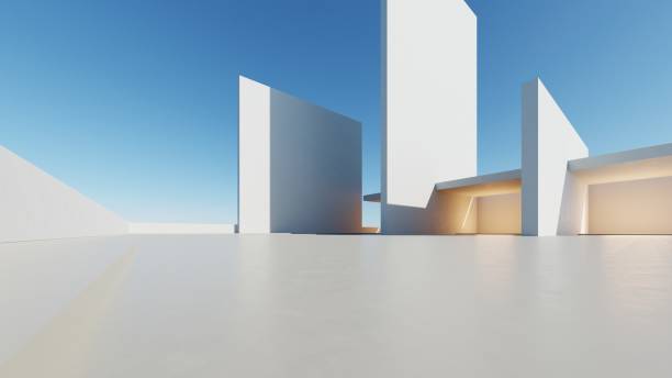 istock 3d render of abstract modern architecture with empty cement floor, minimal exterior, car presentation background 2195411470