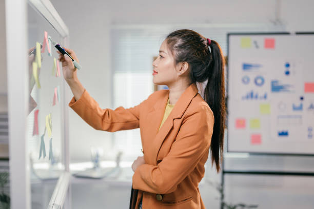 istock Female professional writing strategy notes on glass board, collaborating with team, using colorful sticky notes, brainstorming corporate solutions 2195417490