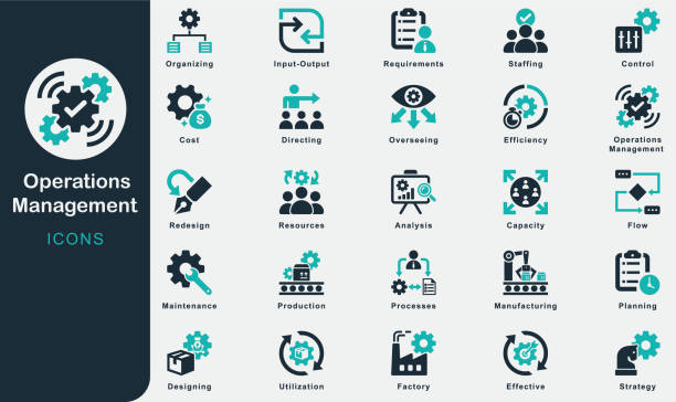 ilustrações de stock, clip art, desenhos animados e ícones de operations management solid icons collection.containing factory, requirements, input-output, business, manufacturing, resources, strategy, planning, overseeing, cost, control, production, efficiency - controlo de qualidade