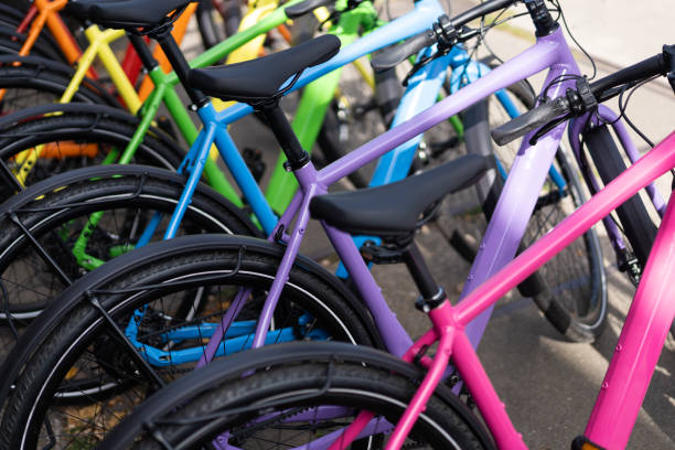 istock Bicycles with colorful frames in urban setting 2195426034