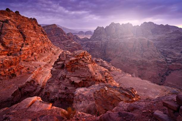 istock Jordan rock mountain landsce Red rock hills. Petra historical sight - Ad Deir Monastery during the night. Evening light in nature. Travel in Jordan, Arabia in Asia. 2195429049