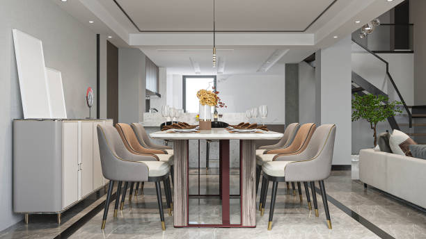 istock Modern Dining Room with Marble Table and Stylish Chairs 2195429551