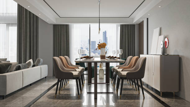 Modern Dining Room with City View and Stylish Decor