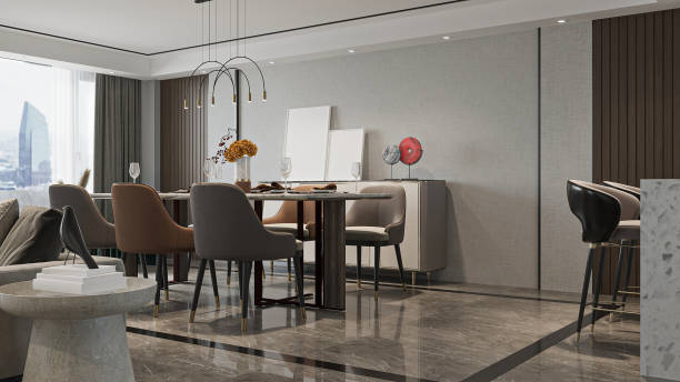istock Modern Open-Plan Dining Room Interior with City Skyline Views 2195429692
