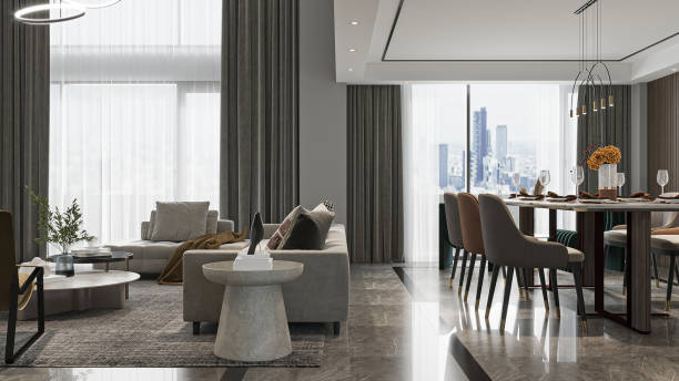 istock Modern Open-Plan Living and Dining Room with City Views 2195429707