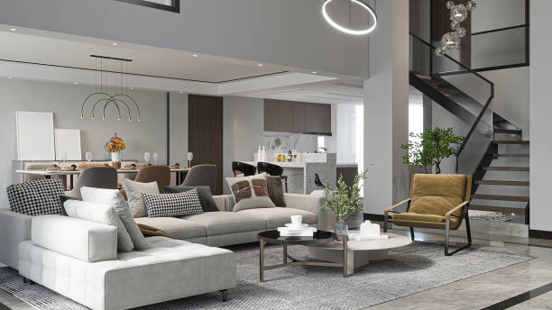 istock Modern Open-Plan Living Room with Double-Height Ceiling and Dramatic Staircase 2195429733