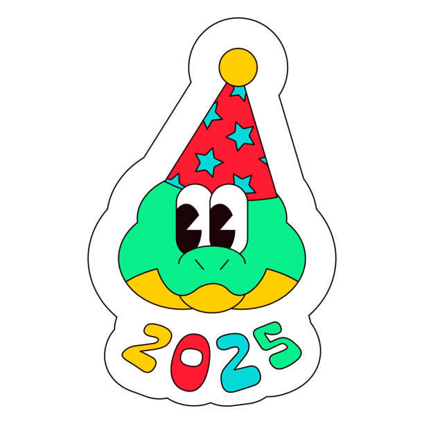 Smiling head of Chinese 2025 snake in carnival red cone cap. New Year velcro for sticker pack or gift card in old style of 2000. Cartoon Y2K retro sticker on white background