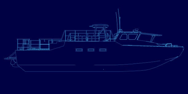 istock Blue boat outline. The boat is shown in a blue drawing 2195434704