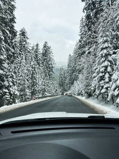 istock Snow-covered forest road viewed from inside a car during winter season 2195436365