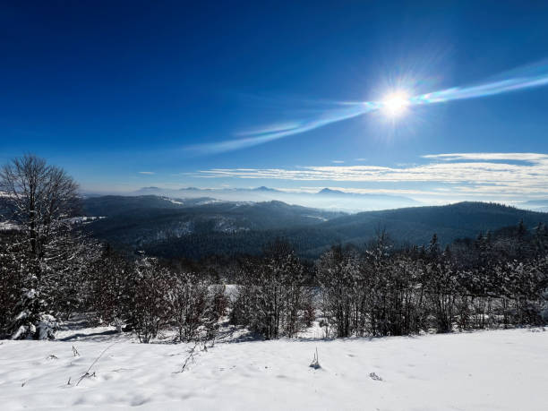 Scenic view of snowy landscape at Hinterrhein Valley in the Swiss Alps on sunny autumn day. Photo taken November 22nd, 2024, Sils im Domleschg, Switzerland.