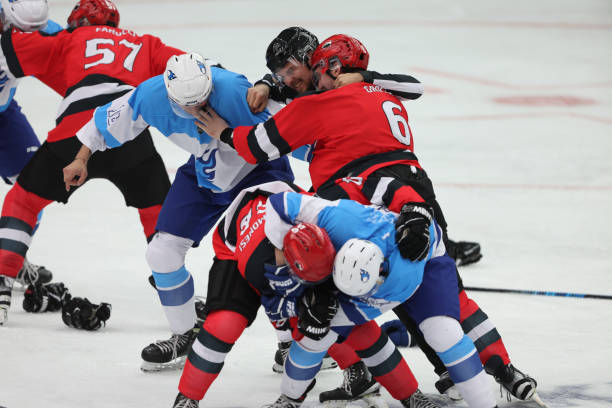 istock Professional Hockey Players Clash During Intense Game Fight on Ice 2195438759