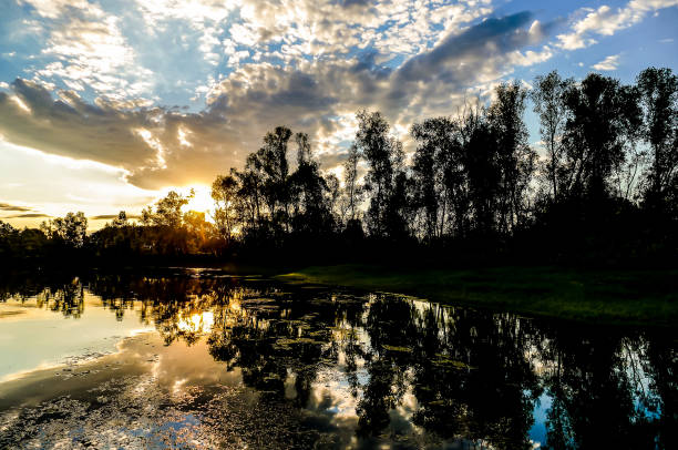 A beautiful sunset over a lake with trees in the background. The sky is filled with clouds, and the water is calm. The scene is peaceful and serene, with the sun setting in the distance
