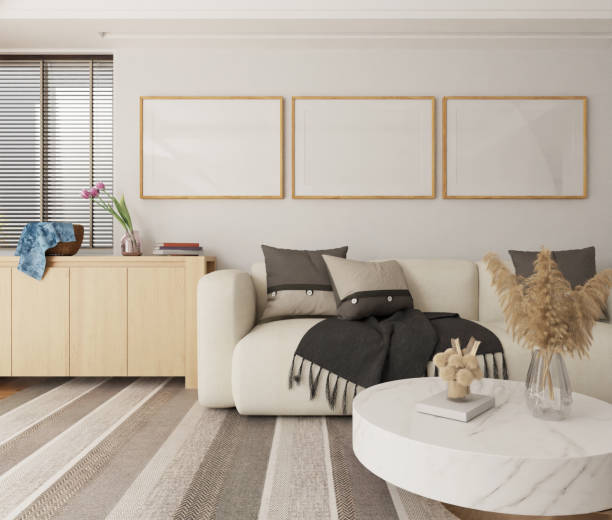 istock Modern picture mockup poster wood three frame in wall horizontal empty  living room interior vertical wooden in illustration 3d render 2195441758