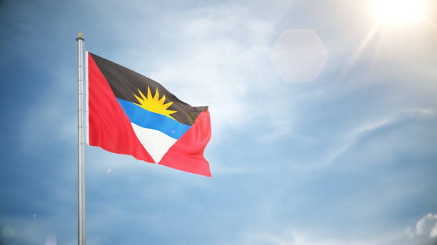 3d Render Antigua Barbuda Flag Waving in the Wind in Blue Sky, Concepts of Democracy and International Relations, (close-up)