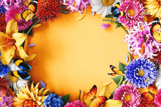 Beautiful colorful spring flowers with yellow copy space in the middle. Spring concept background. Spring banner design. 3D Rendering, 3D Illustration