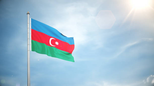 3d Render Azerbaijan Flag Waving in the Wind in Blue Sky, Concepts of Democracy and International Relations, (close-up)