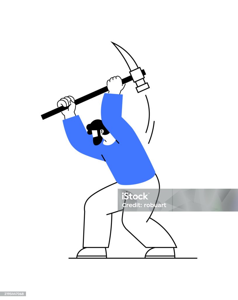 Mining Character Vector Illustration Of A Miner Character Using A Pickaxe Representing ...