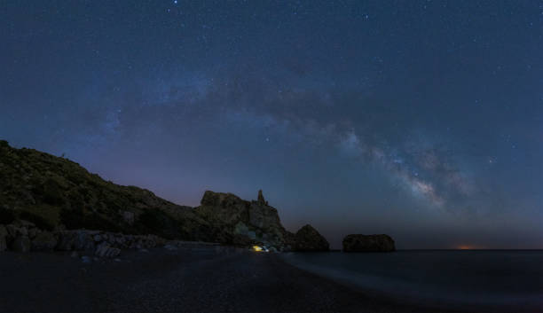 istock Starry Night Sky with Milky Way over Coastal Rock Formation 2195447486