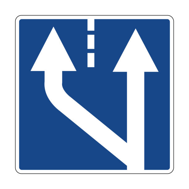 istock Information sign start additional traffic lane on the left. Warning drivers about the start an additional lane on the left side the road. Additional traffic lane on the left. Road sign. 2195450609