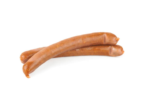 istock Long thin smoked sausages, isolated on white background 2195464027