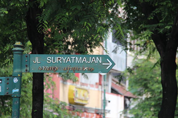 istock Directional signpost in Indonesian and Javanese script with a blurred background 2195465434