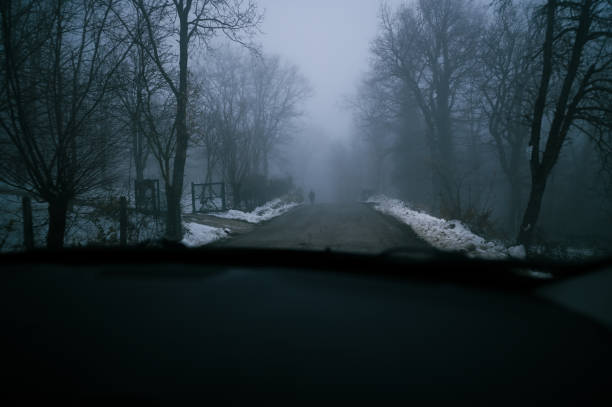 Driving car at empty country road.